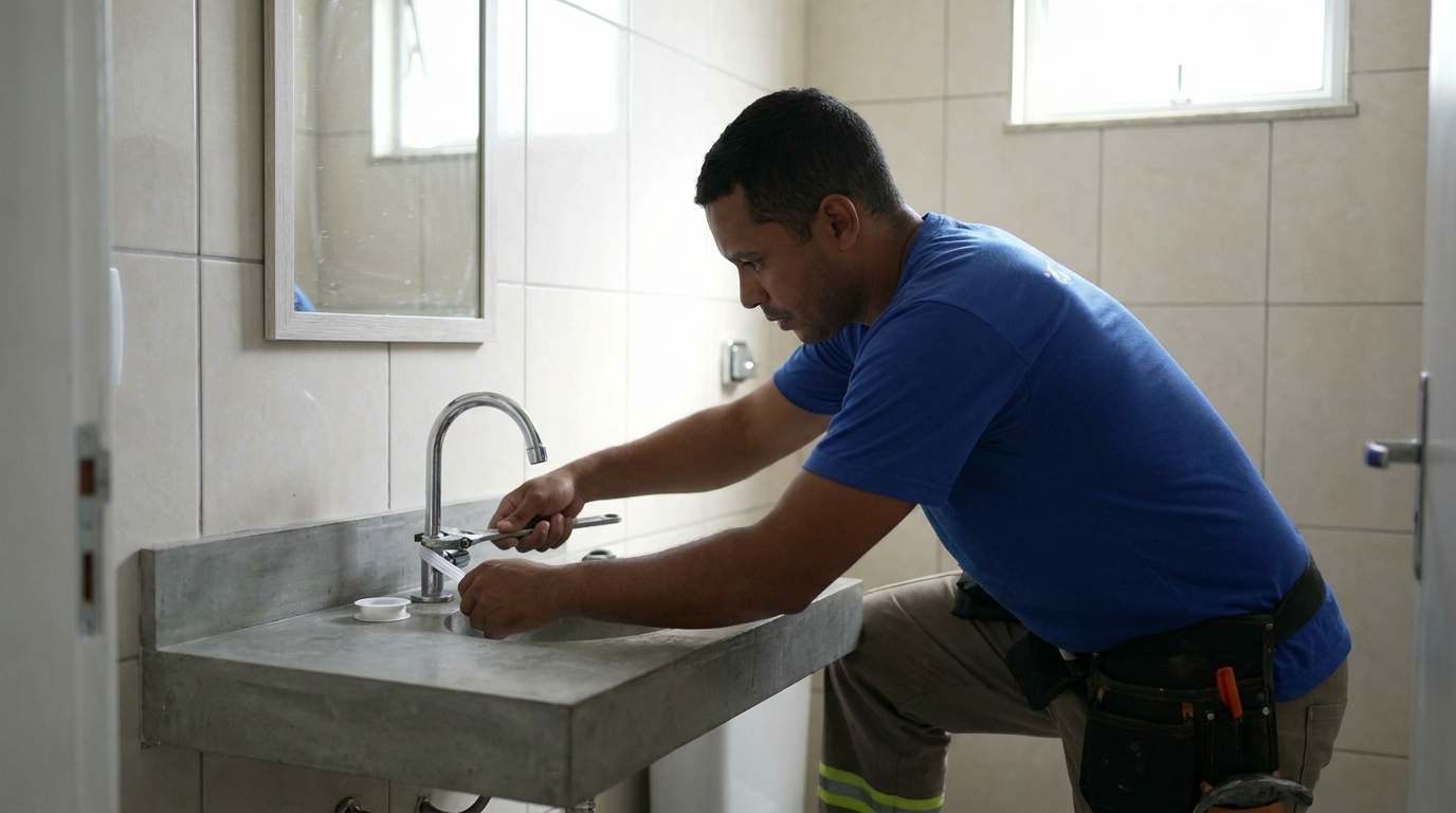 Encanador instalando torneira em Presidente Prudente‑SP